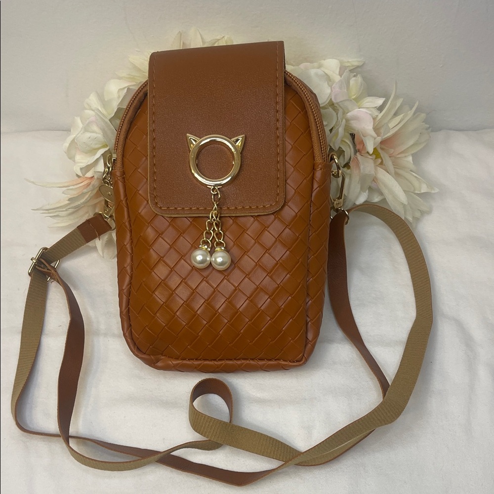 Woven Crossbody Bag with Pearl Charm - Brown